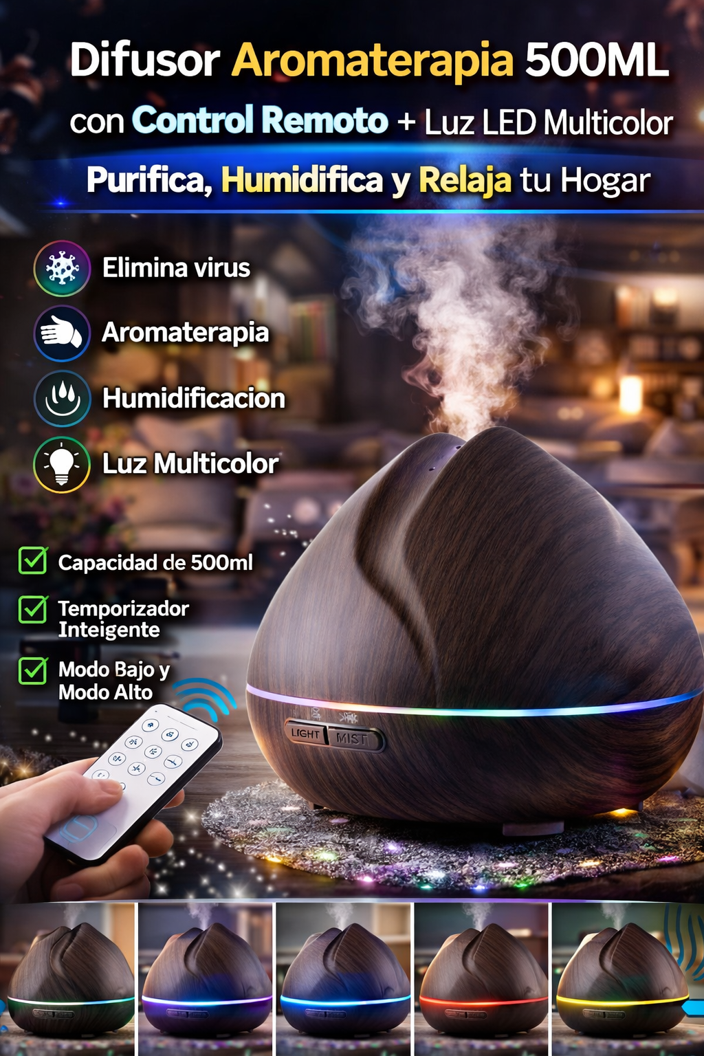 Difusor Aromaterapia 500ML con Control Remoto + Luz LED Multicolor | Purifica, Humidifica y Relaja tu Hogar